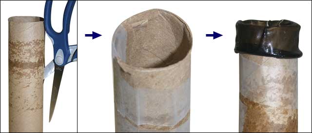 Steps showing how to make an ice dildo using a cardboard tube