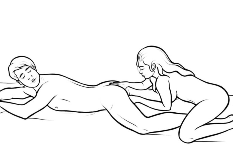 Line drawing of a woman caressing a man lying on his front during prostate massage