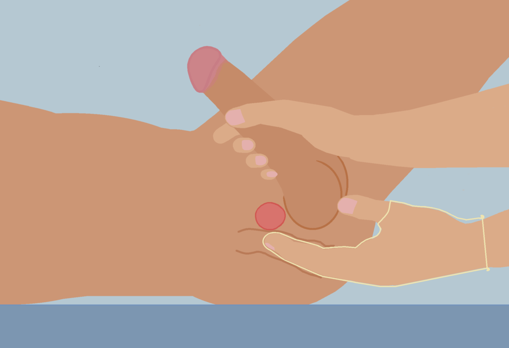 Illustration of a hand stroking a penis while pressing the perineum for prostate massage